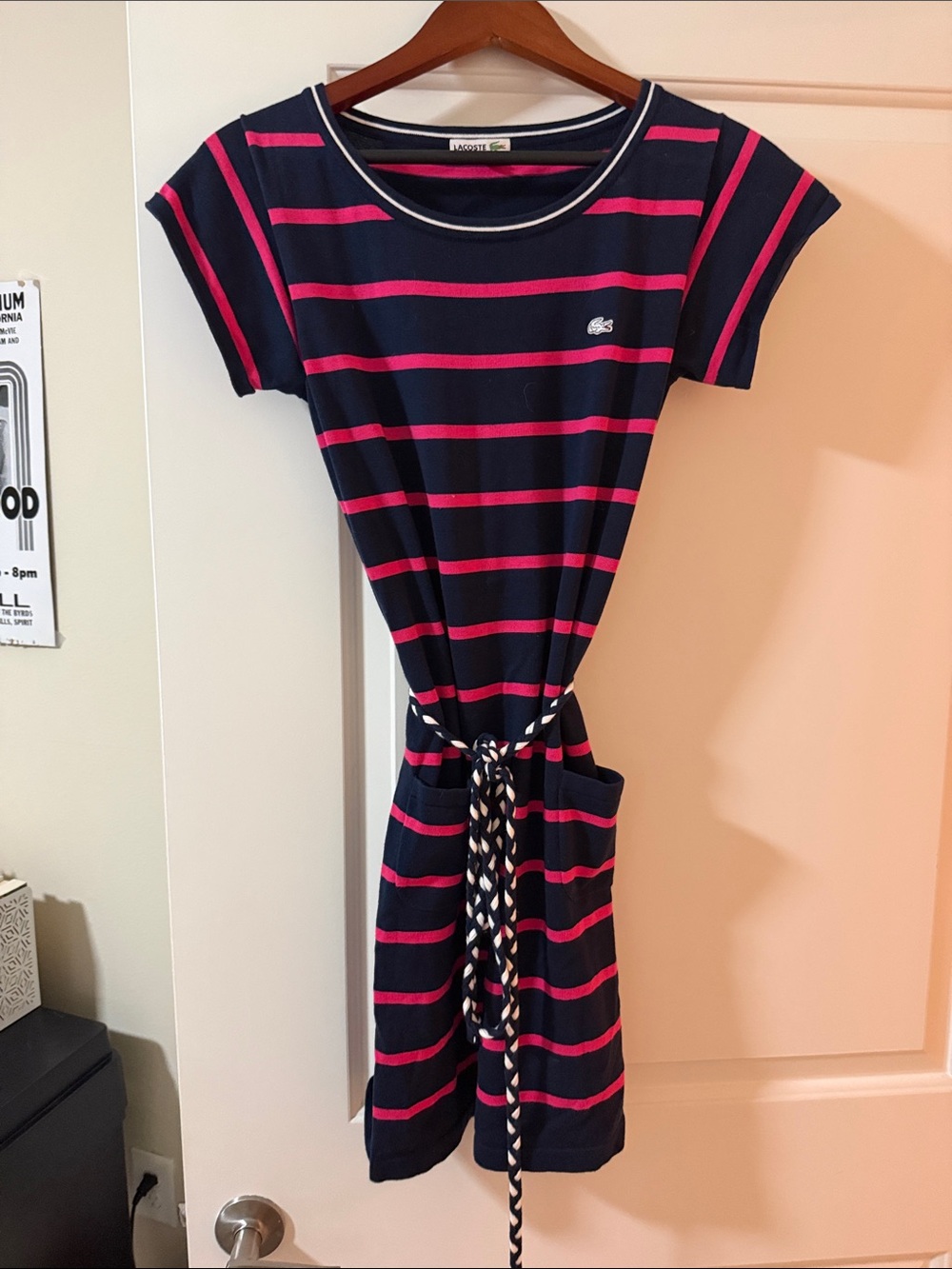 Lacoste Striped Cotton T-Shirt Mini Dress Navy Pink Braided Belt